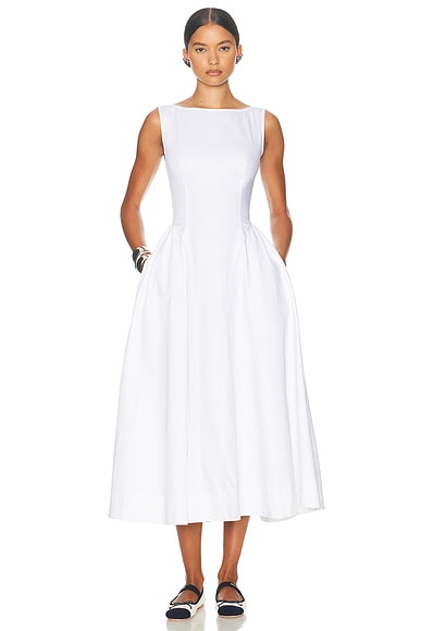 Helsa Stretch Cotton Sateen Midi Dress in White