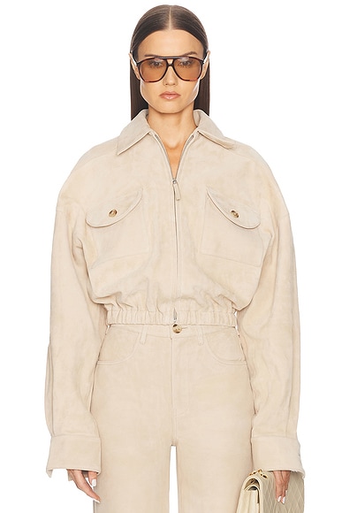 Suede Bomber Jacket in Sandy Beige