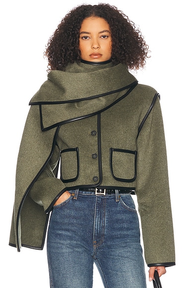 Helsa Boxy Jacket With Detachable Scarf in Olive Melange