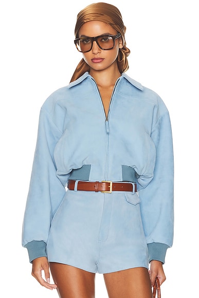 Helsa The Suede Zip Bomber in Faded Denim