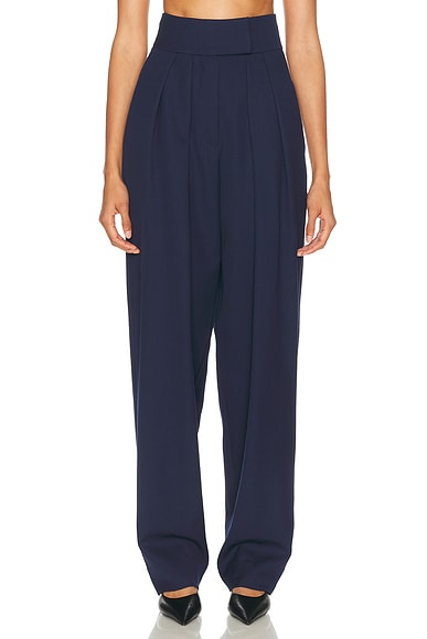 Helsa High Waist Pleated Suit Trouser in Wool in Navy