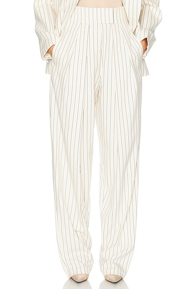 Pinstripe High Waist Pleated Suit Trouser in Ivory & Brown Stripe