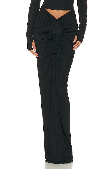 Helsa Matte Jersey Long Ruched Skirt in Black