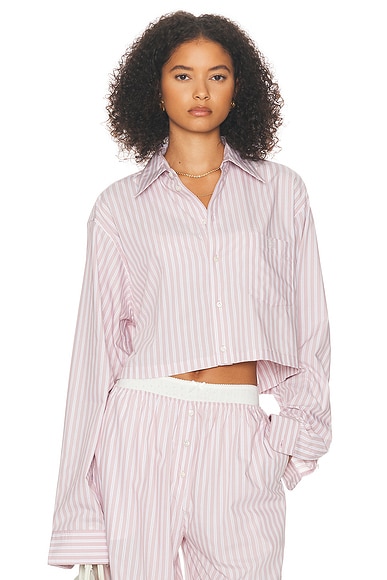 Helsa Wide Stripe Poplin Cropped Shirt in Mauve Stripe