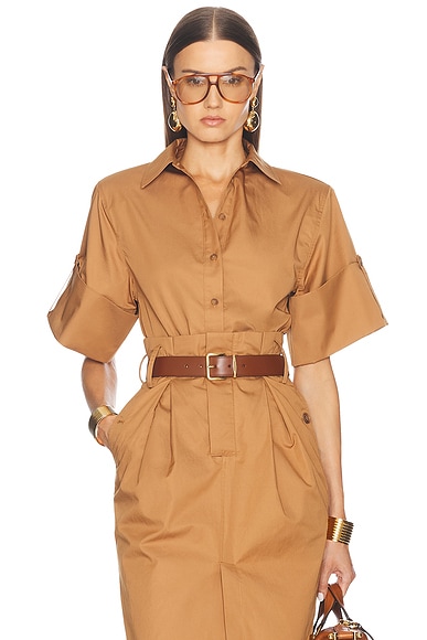 Helsa Bold Shoulder Shirt in Caramel