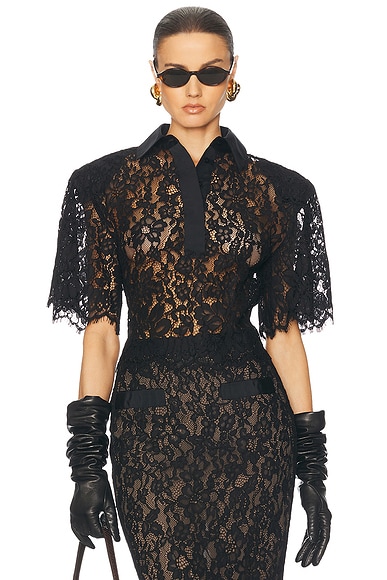 Helsa The Lace Shirt With Shoulder Pad in Black