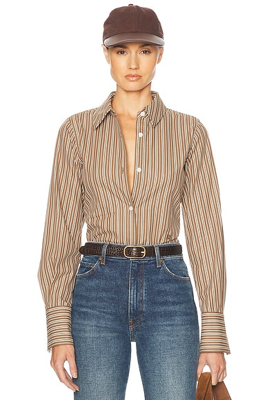 Helsa Pinstripe Poplin Fitted Shirt in Brown & Cream Stripe
