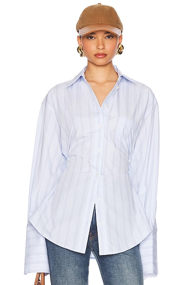 Helsa Stripe Poplin Lace Back Shirt in Blue Multi Stripe