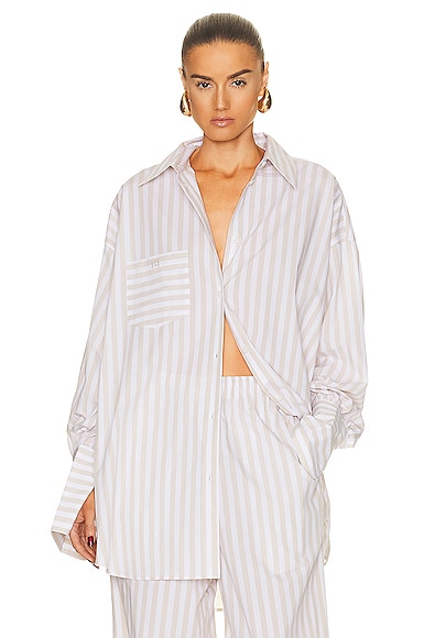 Helsa Cotton Poplin Stripe Oversized Shirt in Beige Stripe