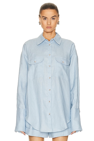 Shop Helsa Linen Button Down Shirt In Chambray Blue