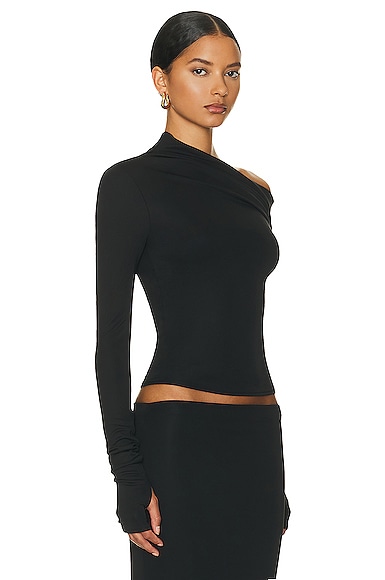 Helsa Matte Jersey Drape Shoulder Top In Black