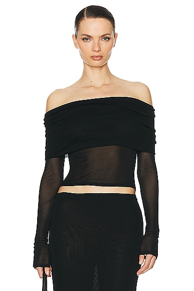 Helsa Sheer Knit Off The Shoulder Top in Black