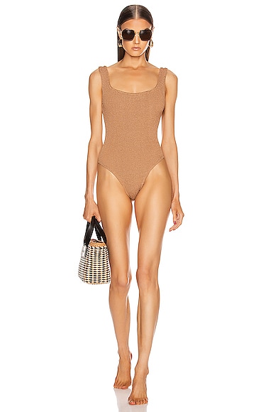 Shop Hunza G Classic Square Neck One Piece Swimsuit In Metallic Cocoa