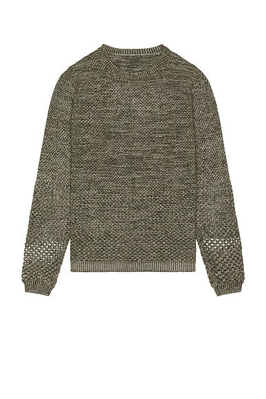 ISA BOULDER Solid Crochet Crewneck Sweater in Moss Grey