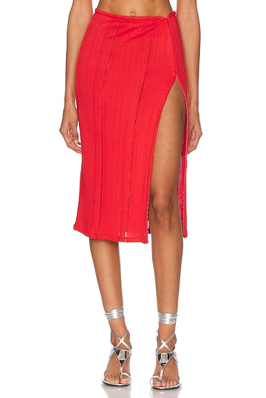 Jade Cropper Side Slit Midi Skirt in Red