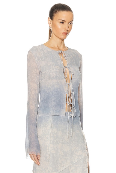 Shop Jade Cropper Long Sleeve Tie Top In Wilted Flowers Blue & Beige