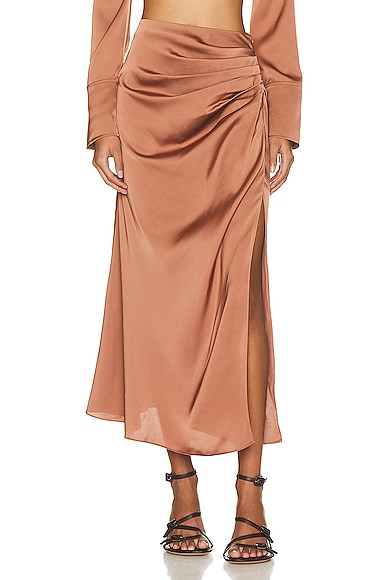 JONATHAN SIMKHAI STANDARD Marguerite Ruched Midi Skirt in Metallic Copper