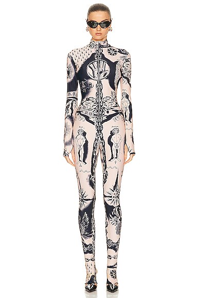 Shop Jean Paul Gaultier Printed Heraldique Long Sleeve High Neck Jumpsuit In Nude & Navy