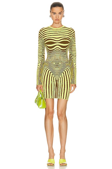 Jean Paul Gaultier Morphing Stripes Long Sleeve Dress in Khaki & Lime