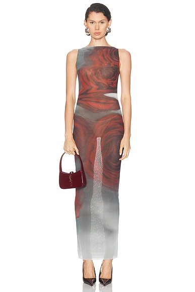 Jean Paul Gaultier Boat Neck Blurry Roses Printed Sleeveless Dress in White, Grey, & Red