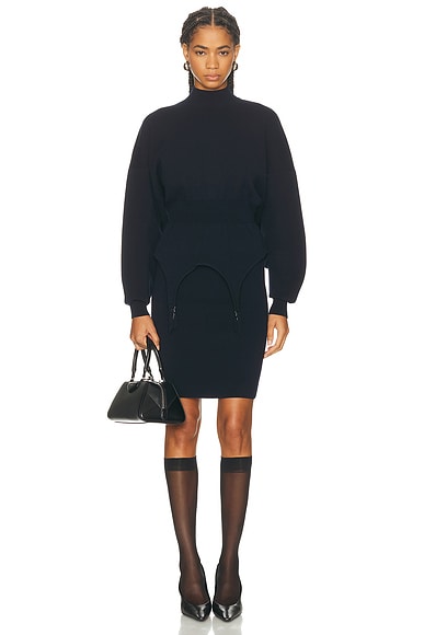 Jean Paul Gaultier Ribbed High Neck Bat Sleeves Lingerie Garter Short Dress in Navy