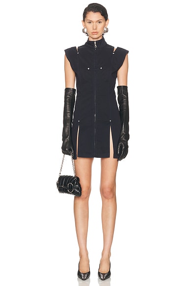 Overdyed Denim Slit And Mesh Short Dress