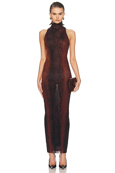 Mesh High Neck Printed Python Long Dress