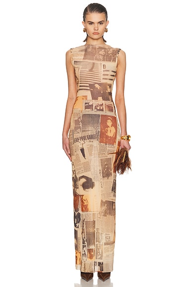 Mesh High Neck Printed Journal Long Dress