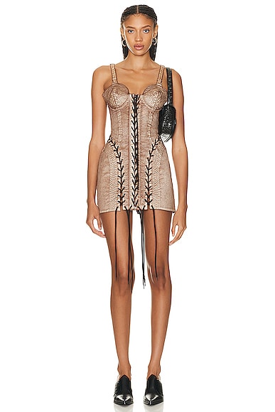 Jean Paul Gaultier X KNWLS Conical Laced Branded Patch Sleeveless Dress in Brown & Ecru