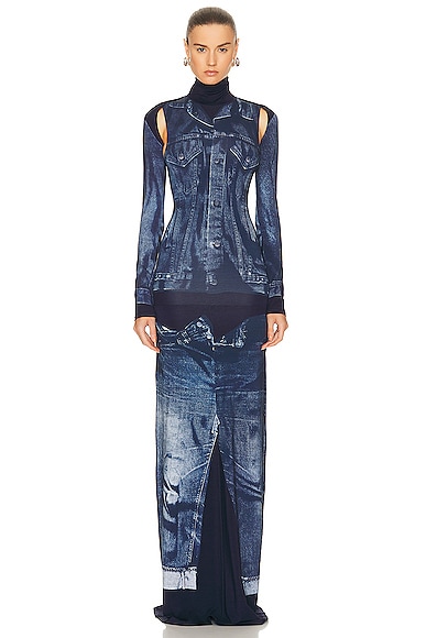 Jean Paul Gaultier Flag Label High Neck Long Sleeve Dress in Navy & Blue