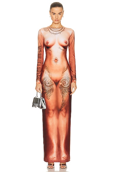Jean Paul Gaultier Printed Corps Long Sleeve High Neck Dress in Light Nude
