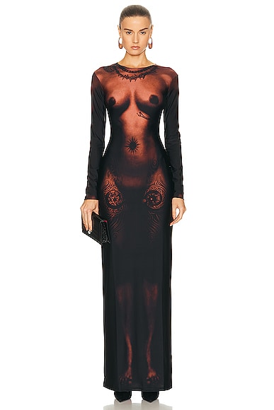 Jean Paul Gaultier Printed Corps Long Sleeve High Neck Short Dress in Dark Nude