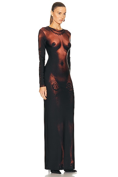 Shop Jean Paul Gaultier Printed Corps Long Sleeve High Neck Short Dress In Dark Nude