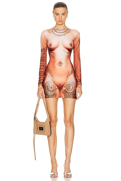 Jean Paul Gaultier Printed Corps Long Sleeve High Neck Short Dress in Light Nude