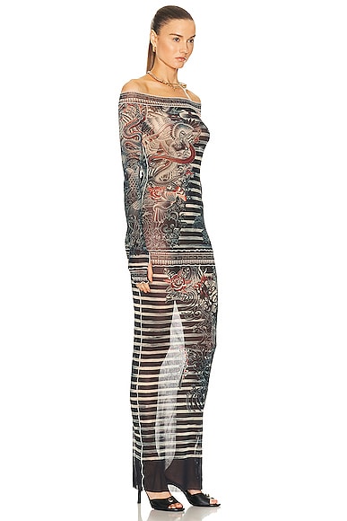 Shop Jean Paul Gaultier Printed Mariniere Tattoo Long Boat Neck Dress In Navy  Blue  & White