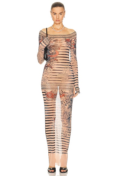Jean Paul Gaultier Printed Mariniere Tattoo Long Boat Neck Dress in Nude, Blue, & Red