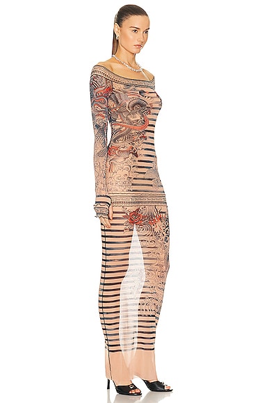 Shop Jean Paul Gaultier Printed Mariniere Tattoo Long Boat Neck Dress In Nude  Blue  & Red