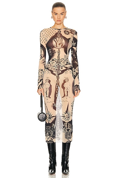 Jean Paul Gaultier Printed Heraldique Long Sleeve Crew Neck Dress in Nude & Navy