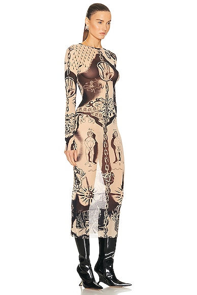 Shop Jean Paul Gaultier Printed Heraldique Long Sleeve Crew Neck Dress In Nude & Navy