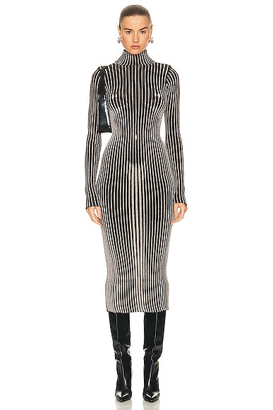 Jean Paul Gaultier Trompe L'oeil High Neck Long Sleeve Dress in Brown & Silver