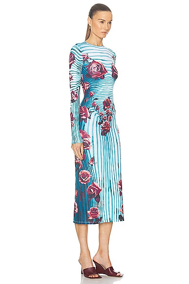 Shop Jean Paul Gaultier Flower Body Morphing Long Sleeve Dress In Blue  Red  & White