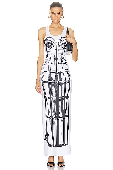 Shop Jean Paul Gaultier Cage Trompe L'oeil Sleeveless Long Dress In White & Black