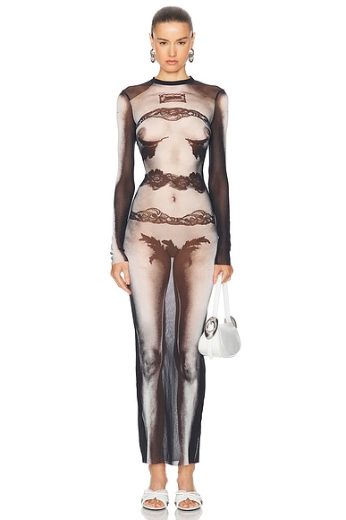 Jean Paul Gaultier Body Lace Mariniere Long Dress in Black, Grey, & White