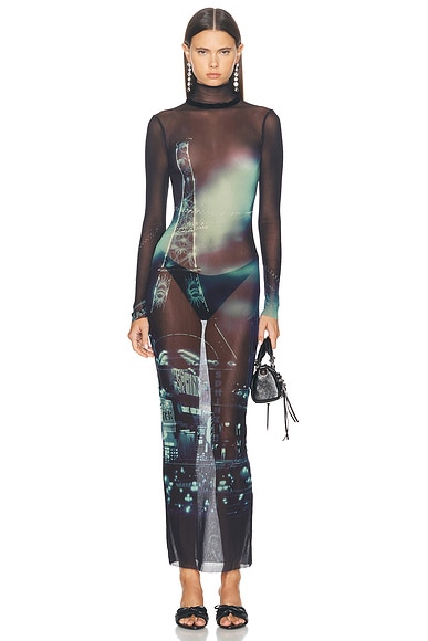 Pigalle Turtleneck Mesh Long Printed Dress