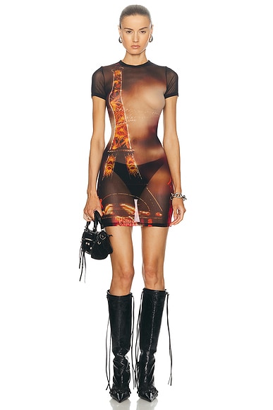 Jean Paul Gaultier Pigalle Mesh Short Printed Dress in Black, Red, Orange, & Blue