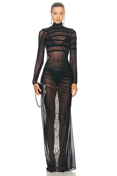Gaultier & Mariniere Turtleneck Draped Mesh Dress