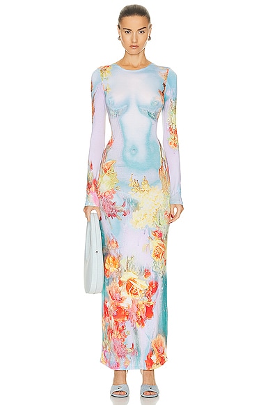 Jean Paul Gaultier Printed Body Flowers Long Sleeve Dress in Blue & Yellow  | FWRD