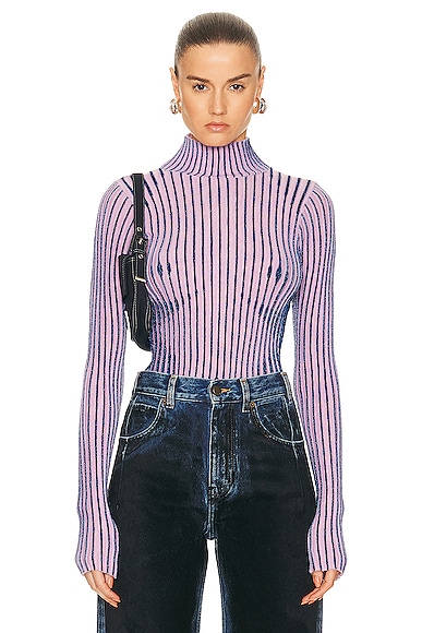 Jean Paul Gaultier Trompe L'oeil High Neck Long Sleeve Sweater in Pink & Blue