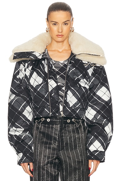 Jean Paul Gaultier Distorted Tartan Aviator Coat in Black, Grey, White, & Dark Brown