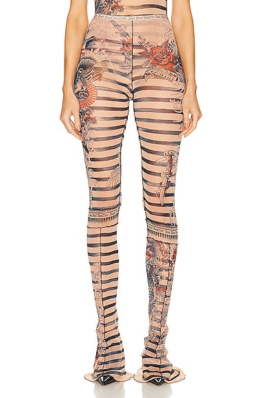 Jean Paul Gaultier Printed Mariniere Tattoo Flare Trouser in Nude, Blue, & Red